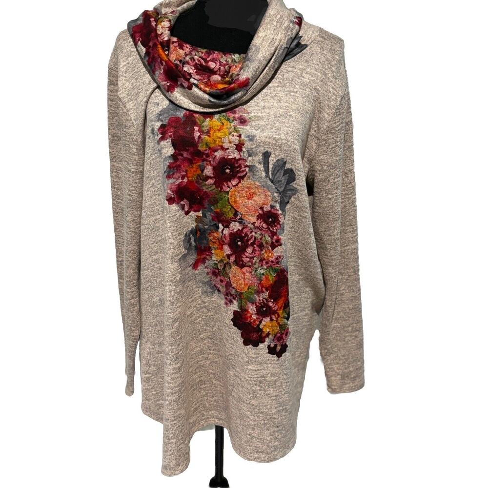 Passport‎ womens L Cowl Neck Long Sleeve Tunic top Floral Cottagecore Boho comfy
